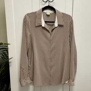 Ecru 100% Silk Taupe and White Striped Shirt Size L